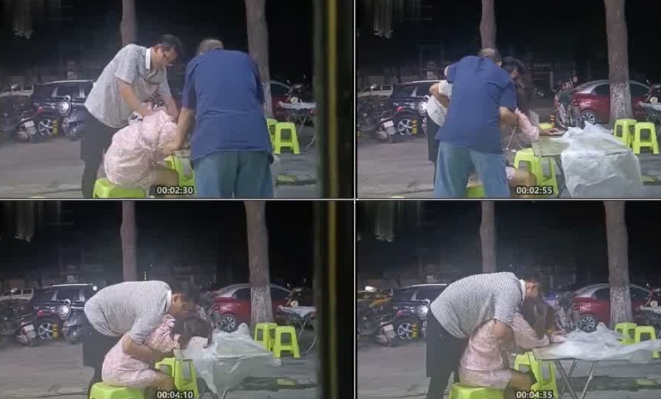 Enthusiastic citizens secretly filmed Hubei street pick up body event moncler and middle-aged glasses man roadside stalls pick up the body of a drunken woman salty piggy hands touching force rubbing chest